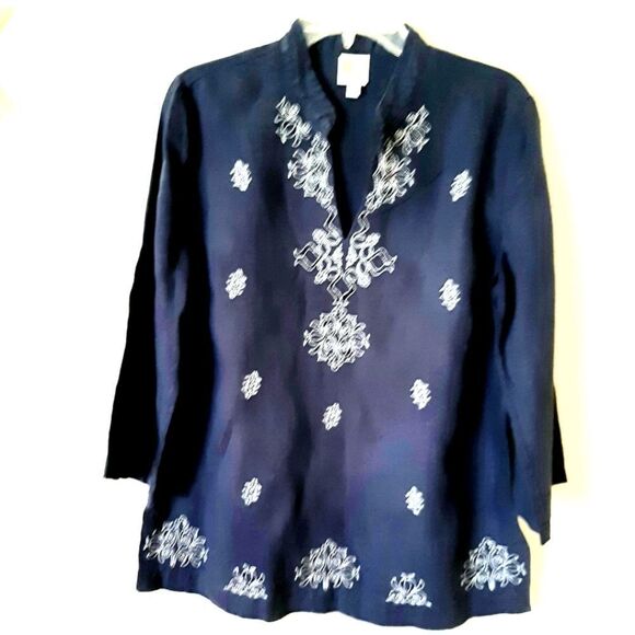 JM Collection Embroidered Blue 100% Linen Tunic Top Size 8 - Picture 1 of 4